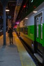 TORONTO CANADA - February 16, 2019: Green wagons of speed TorontoÃ¢â¬â¢s GO train at Platform of Union Station